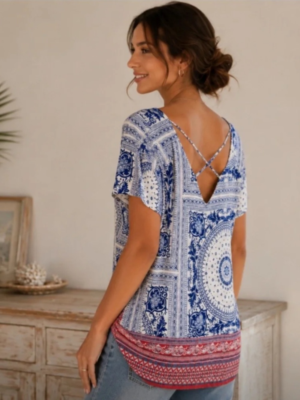 Rose+Olive Tunic Top Women's , BOHO, with criss-cross back detail, size XL
